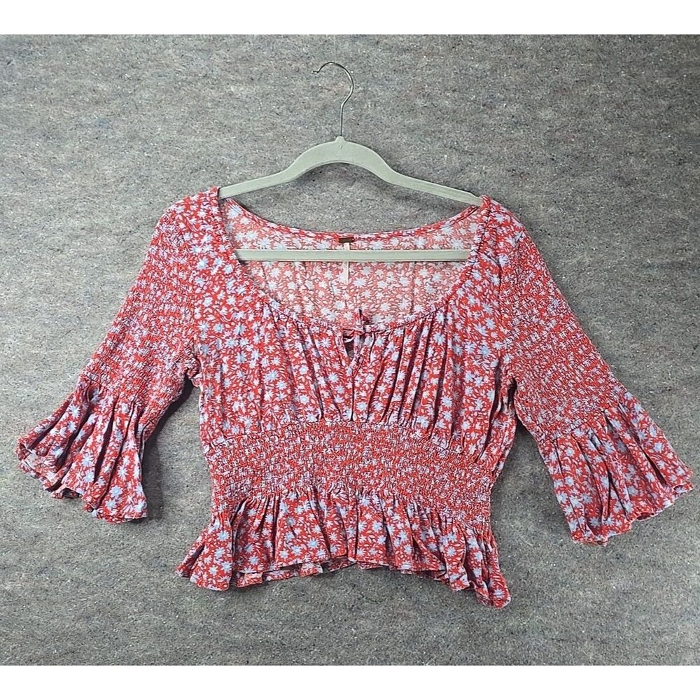 Free People Blouse Red Cropped Top Blue Floral Print Bell Sleeve Womens Sz L